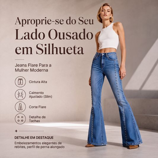🔥 50% OFF! 👖 Calça Jeans Flare Feminina de Cintura Alta com Rebites – Modelagem Elegante, Silhueta Alongada e Estilo Moderno