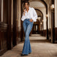 🔥 50% OFF! 👖 Calça Jeans Flare Feminina de Cintura Alta com Rebites – Modelagem Elegante, Silhueta Alongada e Estilo Moderno