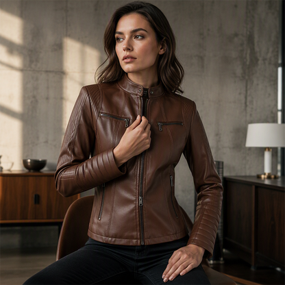 🔥 50% OFF HOJE! 🏍️ Jaqueta Feminina de Couro Sintético Slim Fit – Valorize Sua Silhueta Com Muito Estilo ✨
