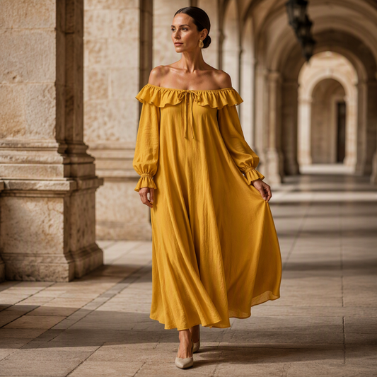 🔥 50% OFF HOJE! 👗 Vestido Maxi Feminino Ombro a Ombro – Elegância e Conforto Para Todos os Momentos ✨