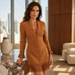🔥 50% OFF HOJE! 👗 Vestido Feminino com Manga Babado e Franjas – Elegância e Charme Para Todos os Momentos ✨