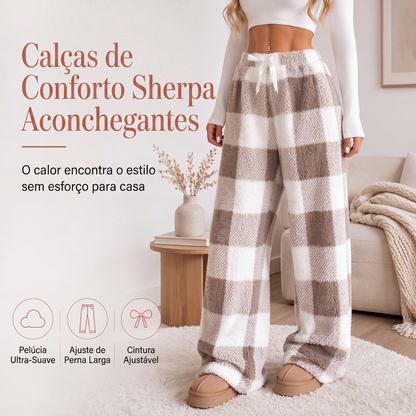 🔥 50% OFF HOJE! 👖 Calça Feminina Peluciada de Perna Larga Xadrez – Quentinha, Confortável e Elegante Para Dias Frios ✨