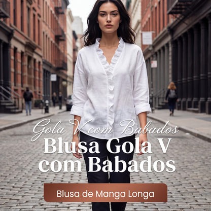 🔥 50% OFF HOJE! 🌸 Blusa Feminina de Manga Longa com Gola V de Babados – Elegante, Leve e Confortável Para o Dia a Dia ✨