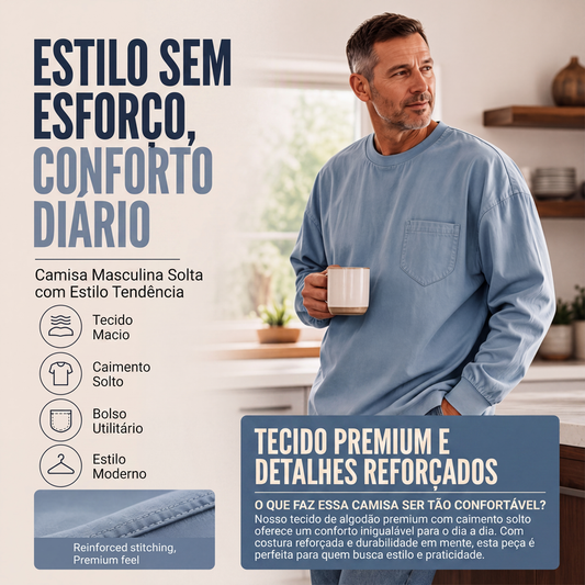 🔥 50% OFF HOJE! 👕 Camiseta Masculina de Manga Longa Solta – Confortável, Casual e Perfeita Para o Dia a Dia ✨