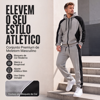 🔥 50% OFF! 🧥 Conjunto Masculino de Moletom Color Block – Jaqueta com Zíper e Calça Confortável para Um Visual Esportivo e Moderno