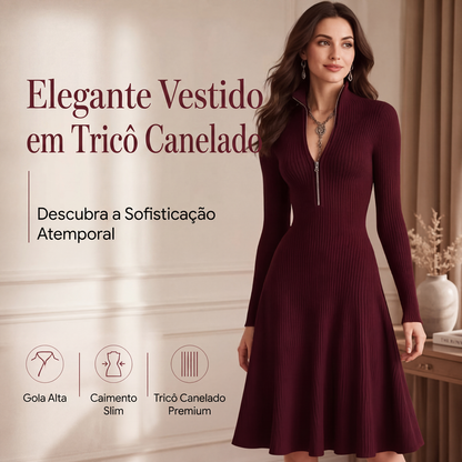 🔥 50% OFF HOJE! 👗  Vestido Feminino Canelado com Gola Alta e Zíper – Elegância, Conforto e Modelagem que Valoriza Sua Silhueta ✨