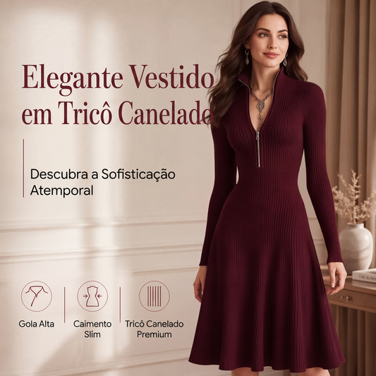 🔥 50% OFF HOJE! 👗  Vestido Feminino Canelado com Gola Alta e Zíper – Elegância, Conforto e Modelagem que Valoriza Sua Silhueta ✨