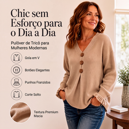 🔥 50% OFF HOJE! 🧶  Suéter de Tricô Feminino com Decote em V – Elegância Clássica, Toque Macio e Conforto Para Dias Mais Frescos ✨