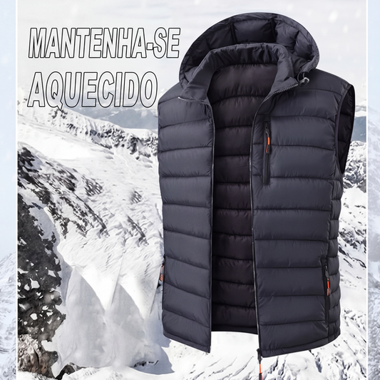 🔥 50% OFF HOJE! 🧥  Colete Masculino Acolchoado com Capuz Impermeável – Aquecimento Leve, Proteção Contra Vento e Estilo de Inverno ❄️