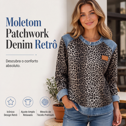 🔥 50% OFF HOJE! 🧥  Moletom Feminino Retrô com Patchwork de Jeans – Estilo Vintage, Conforto Oversized e Visual Moderno Para o Dia a Dia ✨