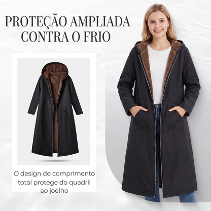 🔥 50% OFF HOJE! 🧥  Casaco Longo Feminino com Capuz e Forro Felpudo – Elegância Vintage, Calor Aconchegante e Estilo Sofisticado Para o Inverno ✨