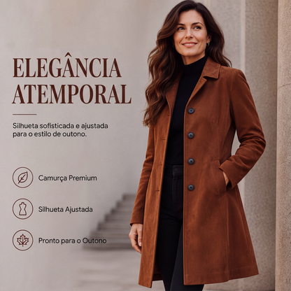 🔥 50% OFF HOJE! 🧥  Trench Coat Feminino de Camurça Sintética – Elegância Sofisticada, Corte Alongado e Estilo Chic Para o Outono e Inverno ✨