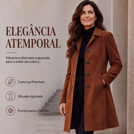 🔥 50% OFF HOJE! 🧥  Trench Coat Feminino de Camurça Sintética – Elegância Sofisticada, Corte Alongado e Estilo Chic Para o Outono e Inverno ✨