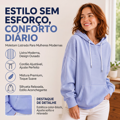 🔥 50% OFF HOJE! 🧥  Moletom Feminino com Capuz Listrado em Patchwork – Estilo Retrô Moderno, Conforto Aconchegante e Visual Único Para o Dia a Dia ✨