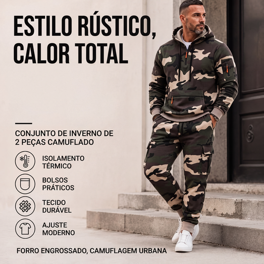 🔥 50% OFF HOJE! 🧥  Conjunto Masculino Térmico Camuflado com Moletom e Calça – Aquecimento, Conforto e Estilo Militar Para Dias Frios e Atividades ao Ar Livre ❄️