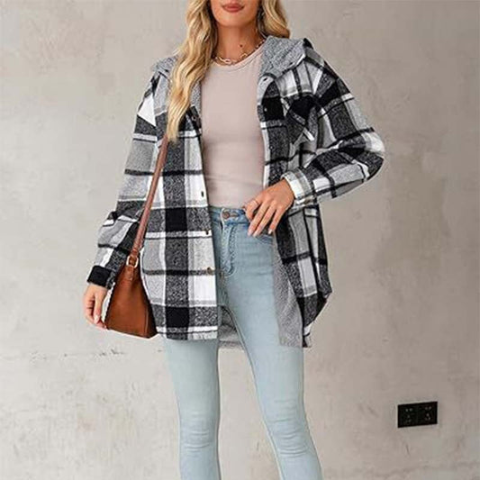 🔥 50% OFF HOJE! 🧥  Jaqueta Feminina Xadrez com Capuz – Conforto Aconchegante, Estilo Clássico e Visual Elegante Para os Dias Frios ✨