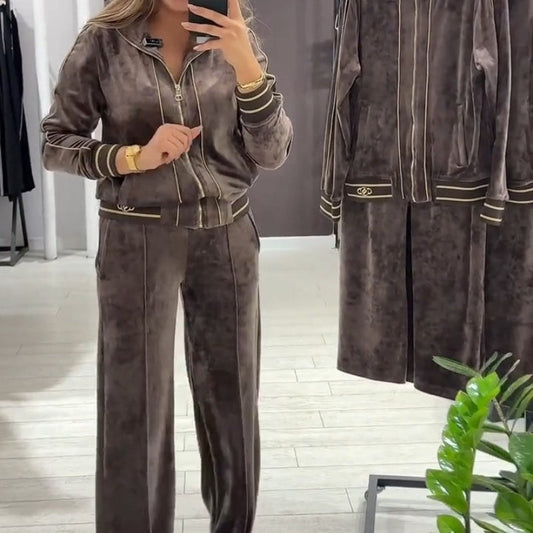 🔥 50% OFF HOJE! 🤎  Conjunto Feminino de Jaqueta com Zíper e Calça Pantalona – Estilo Elegante, Conforto Premium e Visual Completo Para o Dia a Dia ✨
