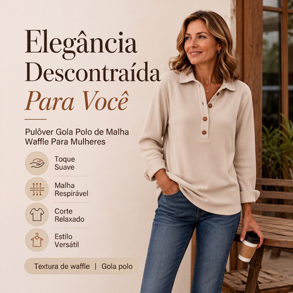 🔥 50% OFF HOJE! 👚 Blusa Henley Feminina de Manga Longa com Trama Waffle – Estilo Moderno, Visual Elegante e Conforto Para o Dia a Dia ✨
