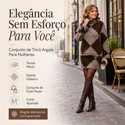 🔥 50% OFF HOJE! 👗  Conjunto Feminino de Blusa de Tricô Argyle e Saia – Elegante, Confortável e Perfeito Para um Visual Moderno ✨
