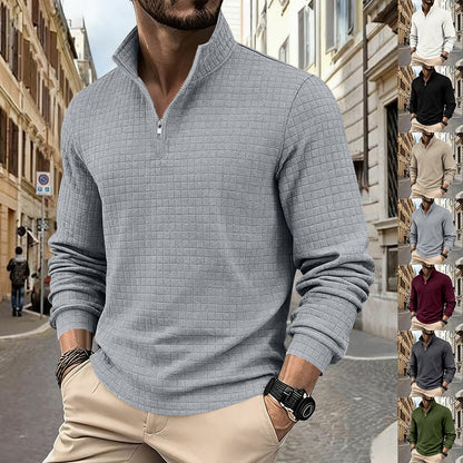 🔥 50% OFF HOJE! 🧥  Moletom Masculino Jacquard com Zíper de 1/4 – Gola Alta, Tecido Texturizado e Estilo Sofisticado Para os Dias Frios ✨