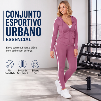 🔥 50% OFF HOJE! 👟 Conjunto Feminino de Moletom com Zíper e Calça Listrada – Conforto, Estilo Esportivo e Caimento Slim ✨