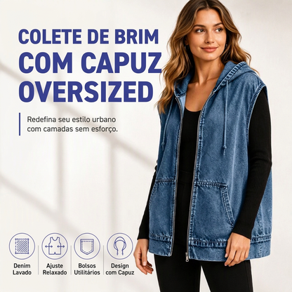🔥 50% OFF HOJE! 🧥 Colete Jeans Feminino com Capuz Oversized – Estilo Urbano, Conforto Moderno e Visual Despojado ✨