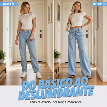 🔥 50% OFF HOJE! 👖 Calça Jeans Feminina de Pernas Largas e Cintura Alta – Modelagem Alongada, Conforto Relaxado e Estilo Urbano ✨