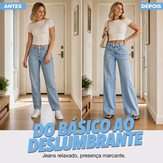 🔥 50% OFF HOJE! 👖 Calça Jeans Feminina de Pernas Largas e Cintura Alta – Modelagem Alongada, Conforto Relaxado e Estilo Urbano ✨